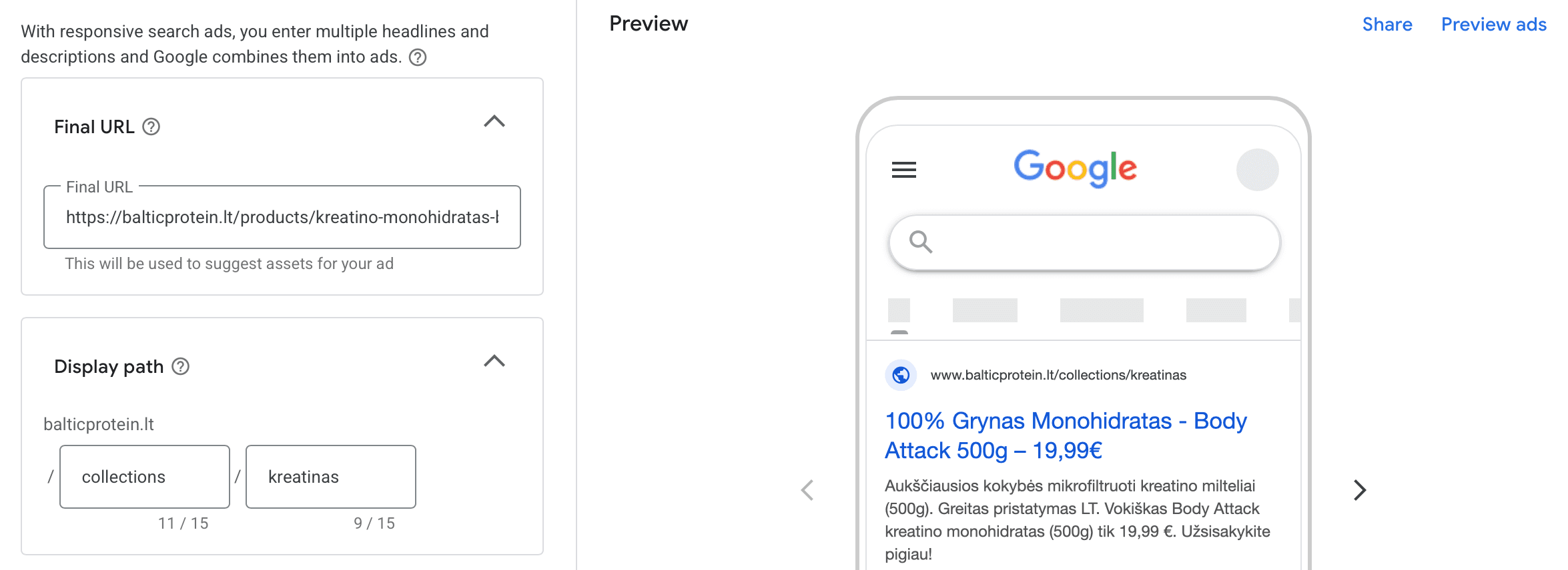 Baltic Protein Google Ads reklamos peržiūra